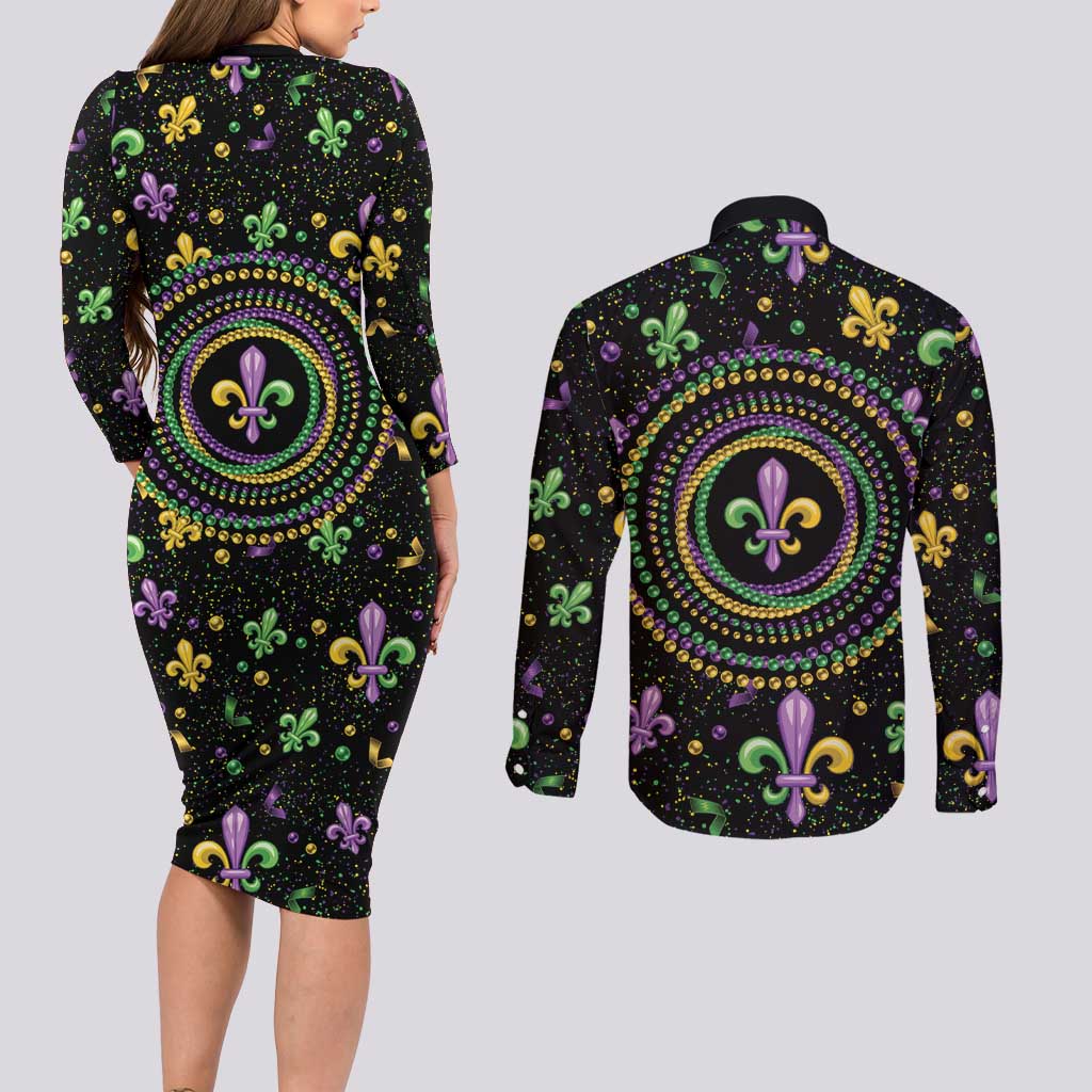 Mardi Gras Fleur De Lis Couples Matching Long Sleeve Bodycon Dress and Long Sleeve Button Shirt With Round Carnival Beads