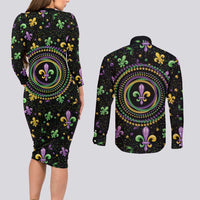 Mardi Gras Fleur De Lis Couples Matching Long Sleeve Bodycon Dress and Long Sleeve Button Shirt With Round Carnival Beads