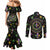 Mardi Gras Fleur De Lis Couples Matching Mermaid Dress and Long Sleeve Button Shirt With Round Carnival Beads