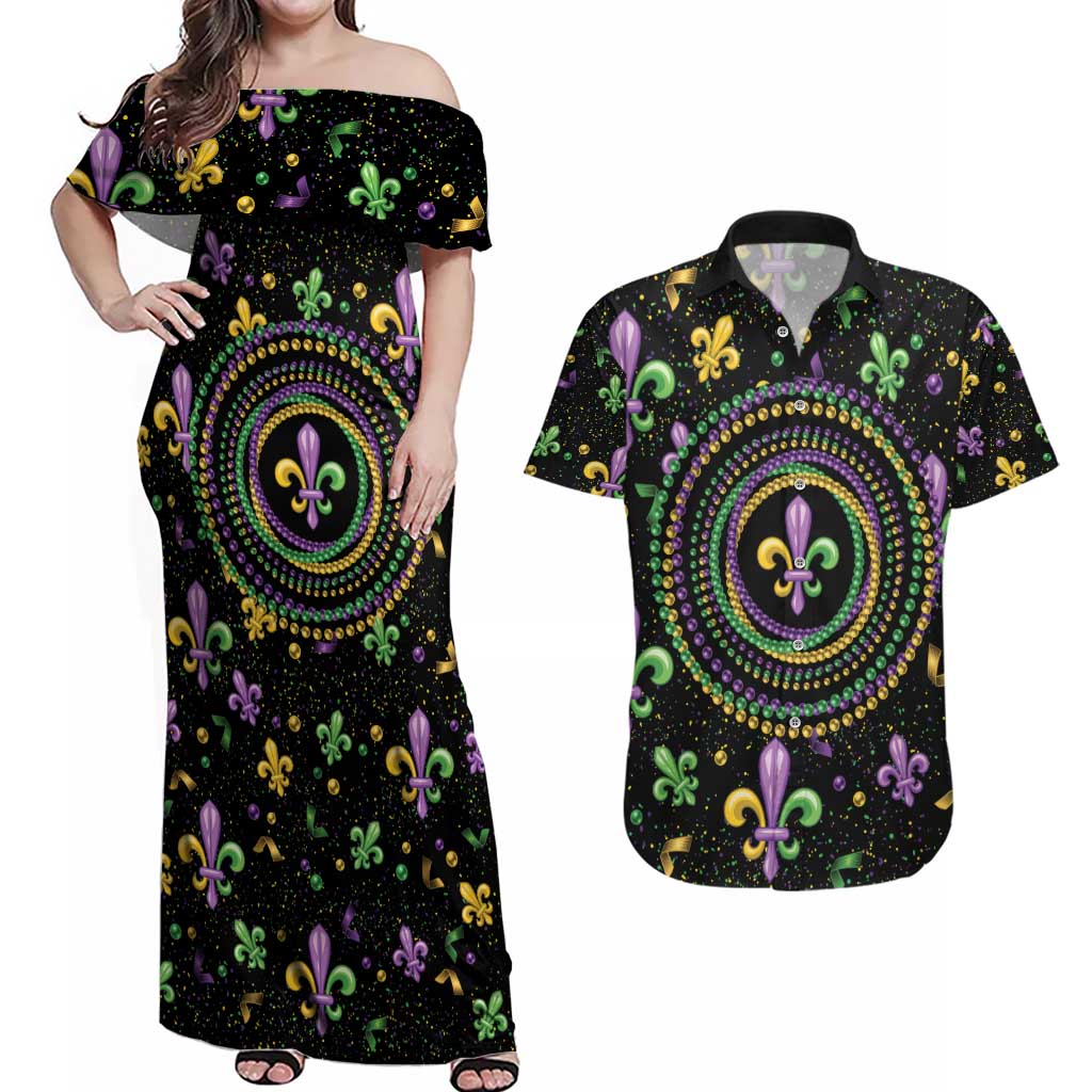 Mardi Gras Fleur De Lis Couples Matching Off Shoulder Maxi Dress and Hawaiian Shirt With Round Carnival Beads