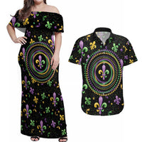 Mardi Gras Fleur De Lis Couples Matching Off Shoulder Maxi Dress and Hawaiian Shirt With Round Carnival Beads