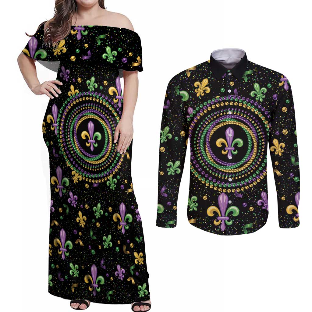 Mardi Gras Fleur De Lis Couples Matching Off Shoulder Maxi Dress and Long Sleeve Button Shirt With Round Carnival Beads