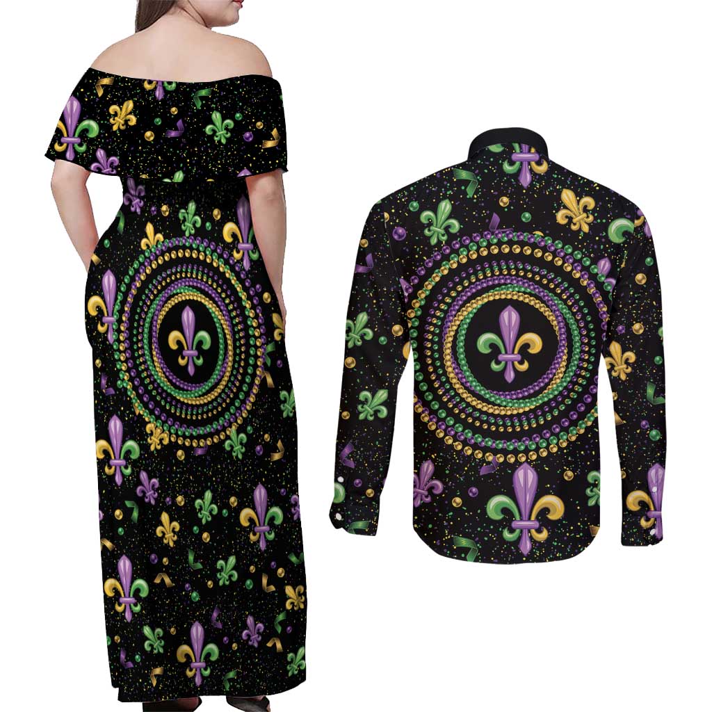 Mardi Gras Fleur De Lis Couples Matching Off Shoulder Maxi Dress and Long Sleeve Button Shirt With Round Carnival Beads