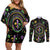 Mardi Gras Fleur De Lis Couples Matching Off Shoulder Short Dress and Long Sleeve Button Shirt With Round Carnival Beads