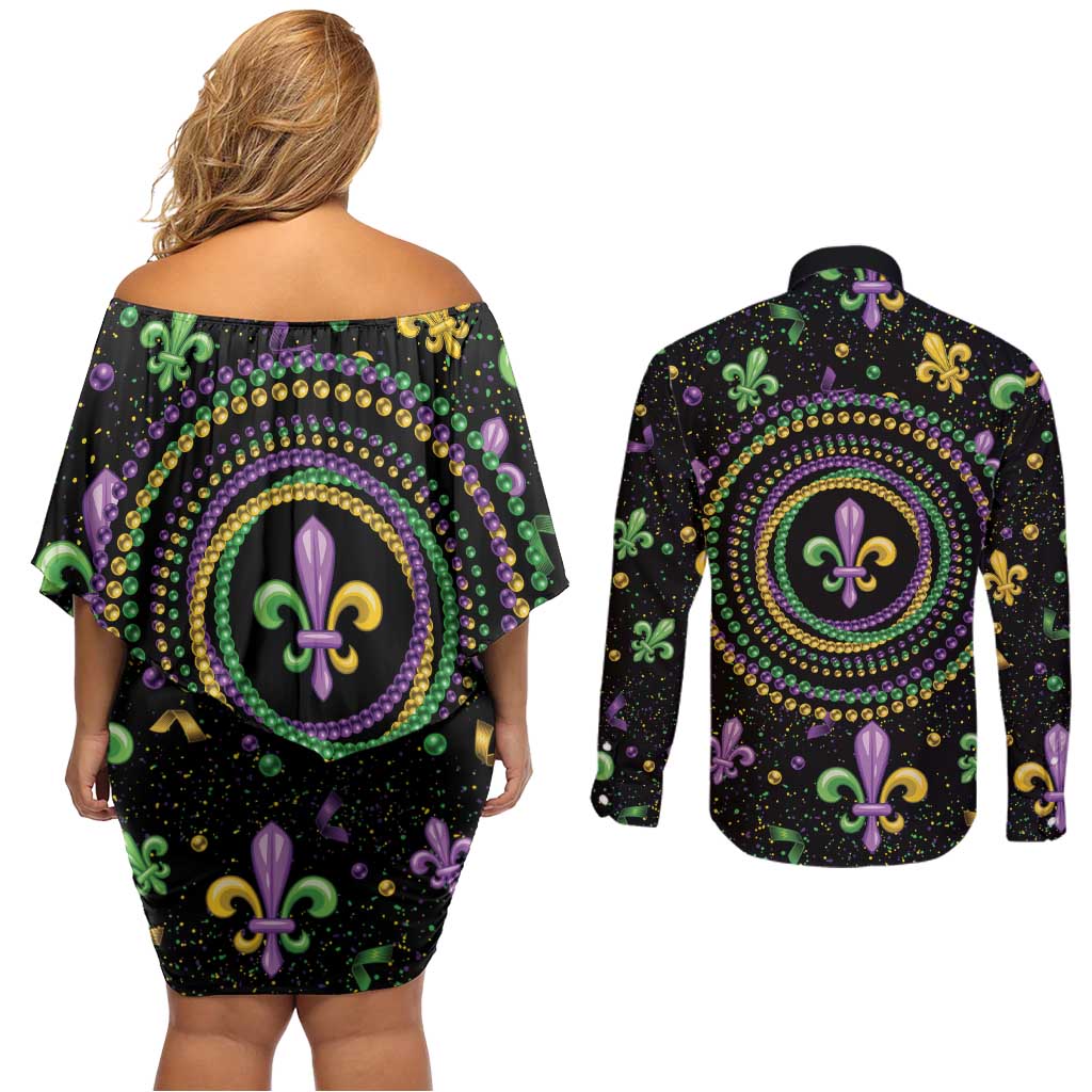 Mardi Gras Fleur De Lis Couples Matching Off Shoulder Short Dress and Long Sleeve Button Shirt With Round Carnival Beads