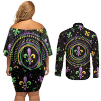 Mardi Gras Fleur De Lis Couples Matching Off Shoulder Short Dress and Long Sleeve Button Shirt With Round Carnival Beads