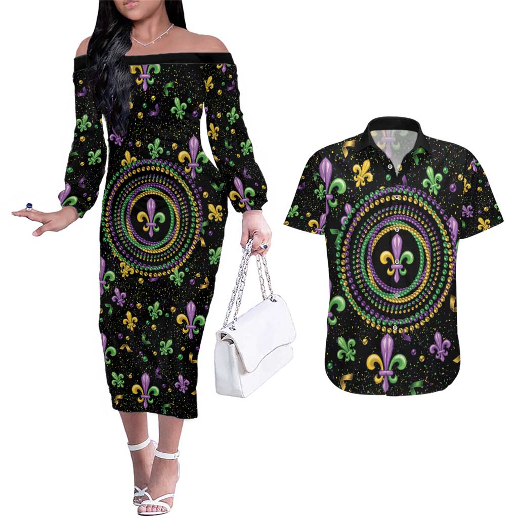Mardi Gras Fleur De Lis Couples Matching Off The Shoulder Long Sleeve Dress and Hawaiian Shirt With Round Carnival Beads