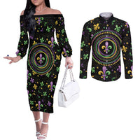 Mardi Gras Fleur De Lis Couples Matching Off The Shoulder Long Sleeve Dress and Long Sleeve Button Shirt With Round Carnival Beads