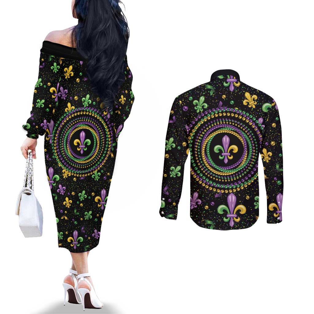Mardi Gras Fleur De Lis Couples Matching Off The Shoulder Long Sleeve Dress and Long Sleeve Button Shirt With Round Carnival Beads