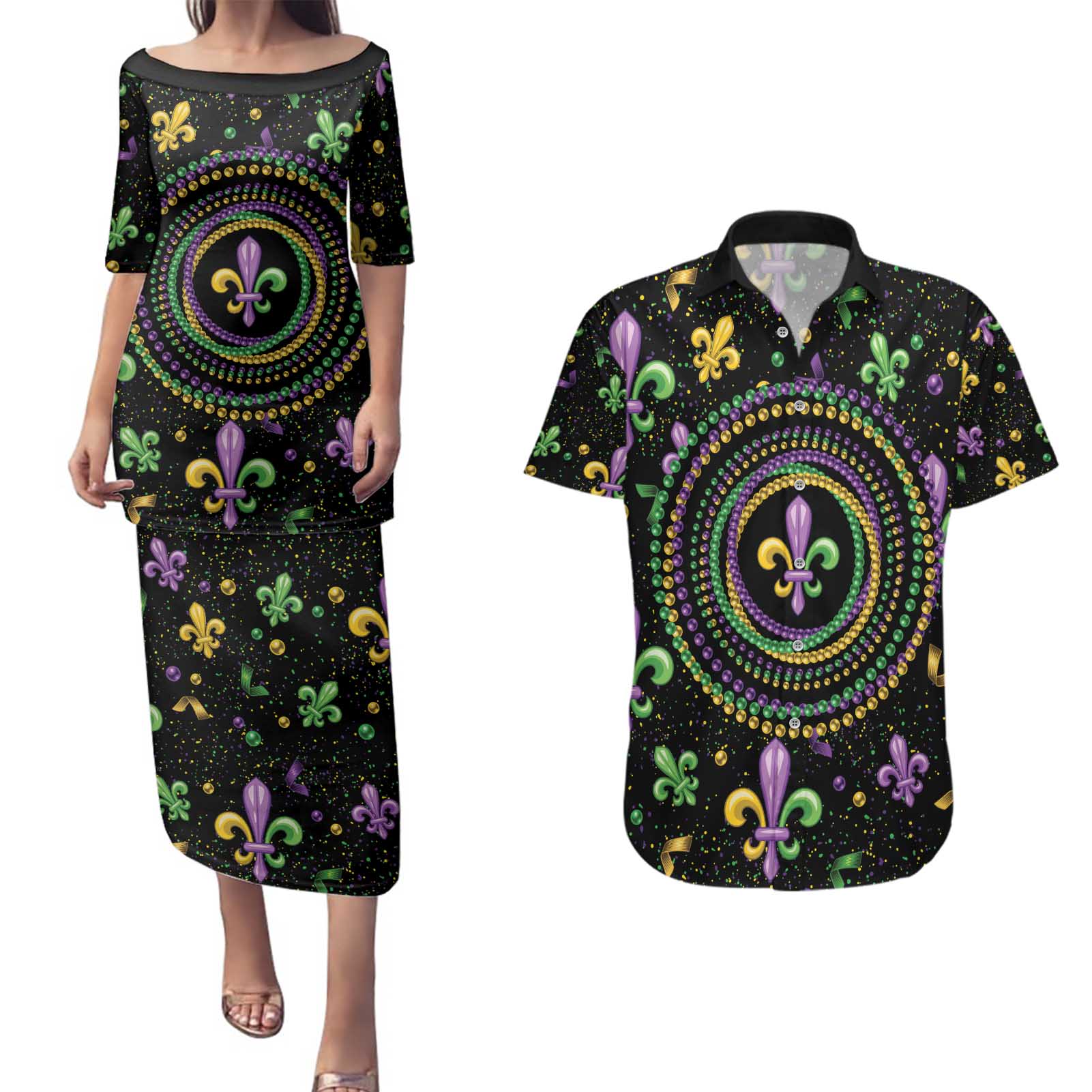 Mardi Gras Fleur De Lis Couples Matching Puletasi and Hawaiian Shirt With Round Carnival Beads