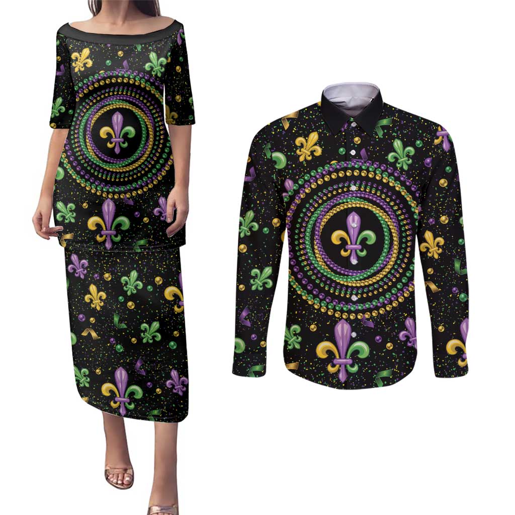Mardi Gras Fleur De Lis Couples Matching Puletasi and Long Sleeve Button Shirt With Round Carnival Beads