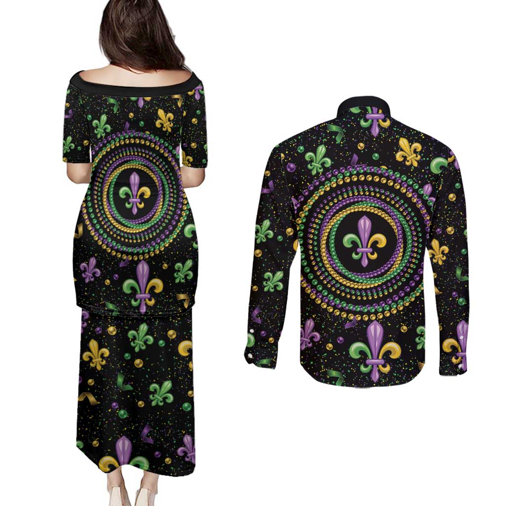 Mardi Gras Fleur De Lis Couples Matching Puletasi and Long Sleeve Button Shirt With Round Carnival Beads