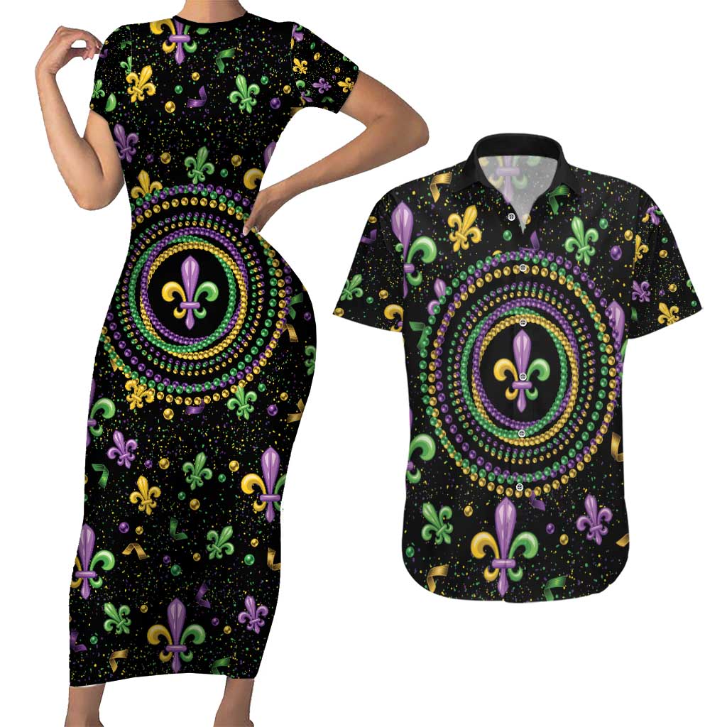Mardi Gras Fleur De Lis Couples Matching Short Sleeve Bodycon Dress and Hawaiian Shirt With Round Carnival Beads