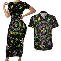 Mardi Gras Fleur De Lis Couples Matching Short Sleeve Bodycon Dress and Hawaiian Shirt With Round Carnival Beads