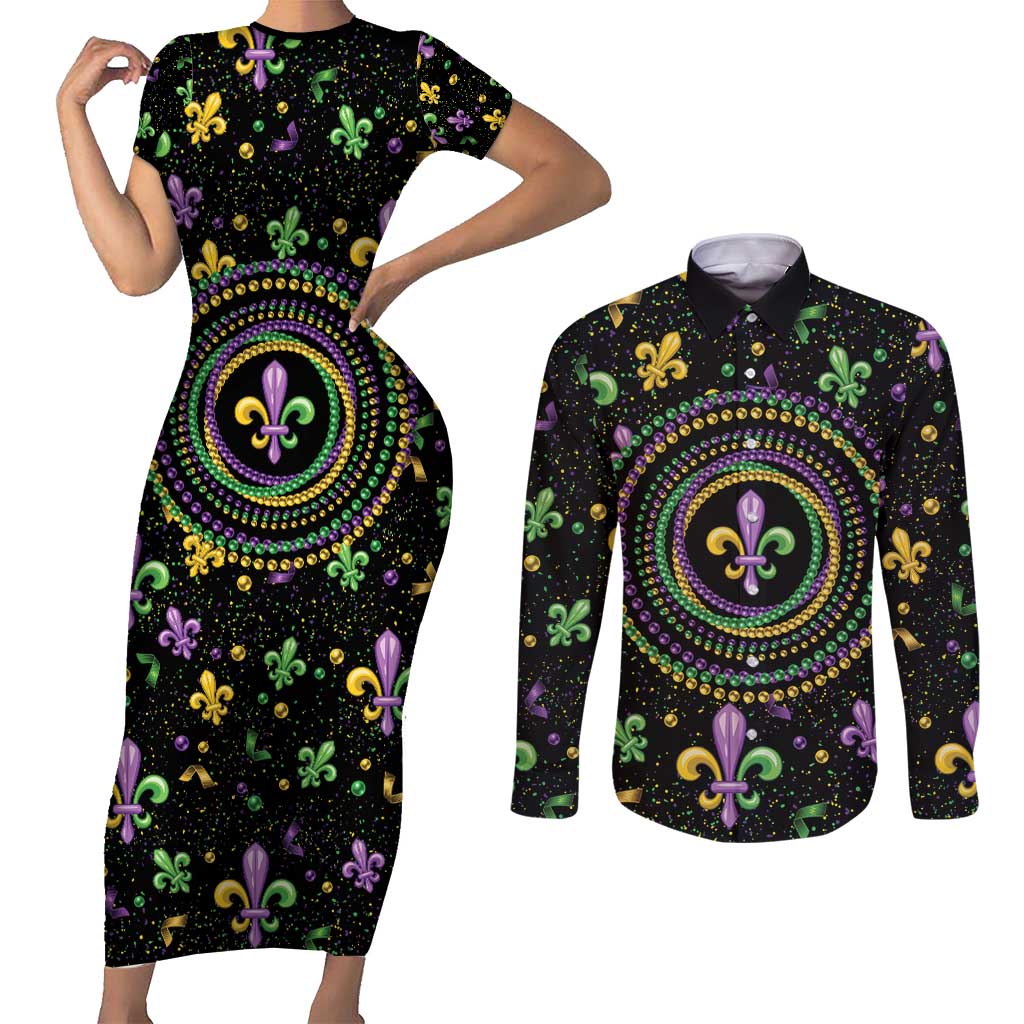 Mardi Gras Fleur De Lis Couples Matching Short Sleeve Bodycon Dress and Long Sleeve Button Shirt With Round Carnival Beads