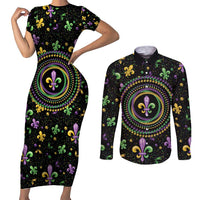 Mardi Gras Fleur De Lis Couples Matching Short Sleeve Bodycon Dress and Long Sleeve Button Shirt With Round Carnival Beads