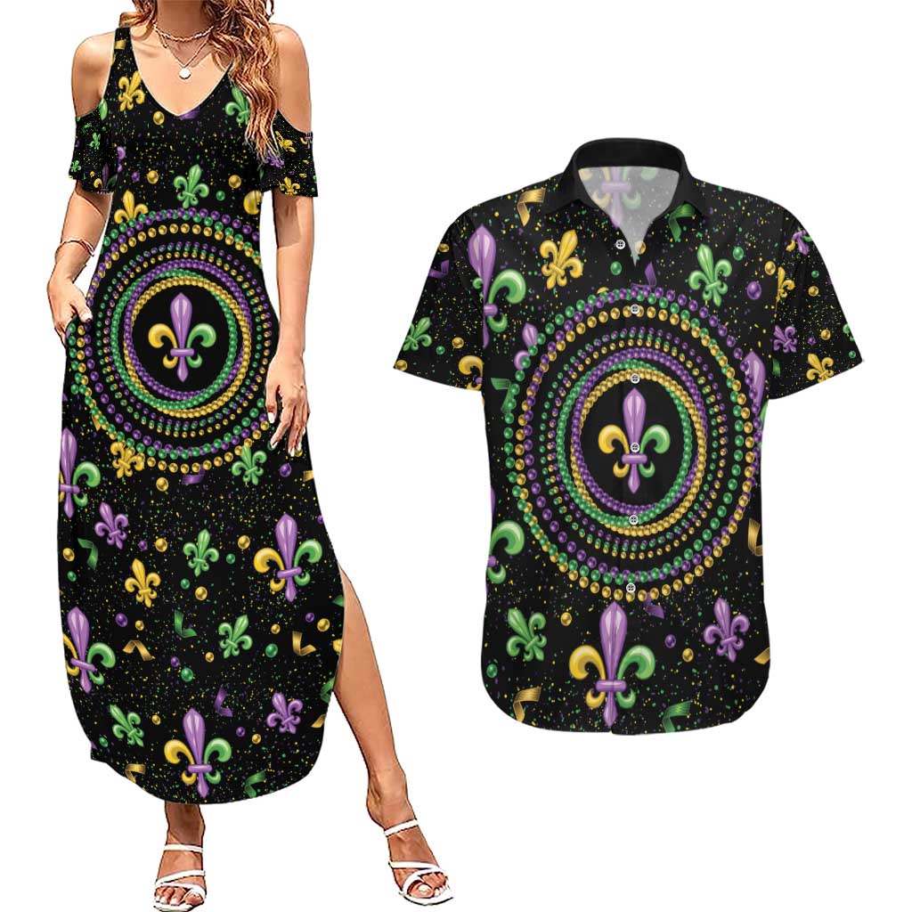 Mardi Gras Fleur De Lis Couples Matching Summer Maxi Dress and Hawaiian Shirt With Round Carnival Beads