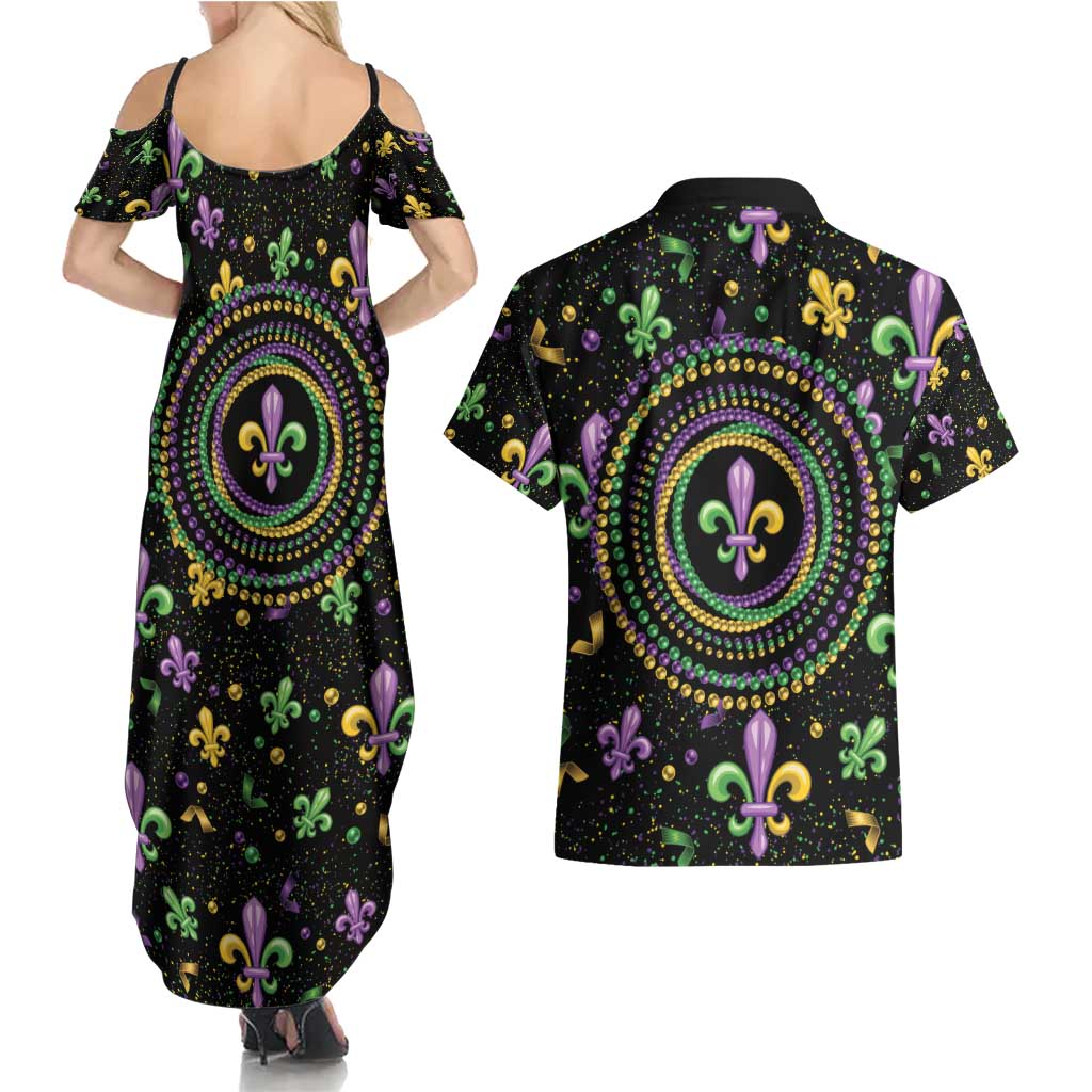 Mardi Gras Fleur De Lis Couples Matching Summer Maxi Dress and Hawaiian Shirt With Round Carnival Beads