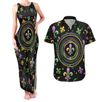 Mardi Gras Fleur De Lis Couples Matching Tank Maxi Dress and Hawaiian Shirt With Round Carnival Beads