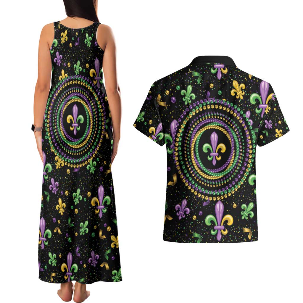 Mardi Gras Fleur De Lis Couples Matching Tank Maxi Dress and Hawaiian Shirt With Round Carnival Beads