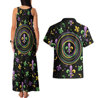 Mardi Gras Fleur De Lis Couples Matching Tank Maxi Dress and Hawaiian Shirt With Round Carnival Beads