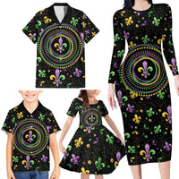 Mardi Gras Fleur De Lis Family Matching Long Sleeve Bodycon Dress and Hawaiian Shirt With Round Carnival Beads LT9 - Wonder Print Shop