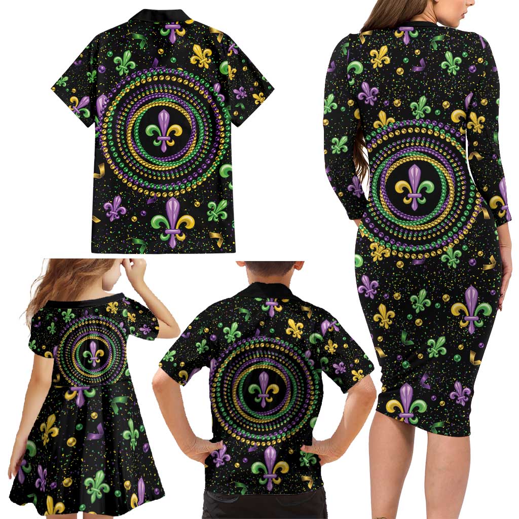 Mardi Gras Fleur De Lis Family Matching Long Sleeve Bodycon Dress and Hawaiian Shirt With Round Carnival Beads LT9 - Wonder Print Shop