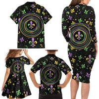 Mardi Gras Fleur De Lis Family Matching Long Sleeve Bodycon Dress and Hawaiian Shirt With Round Carnival Beads LT9 - Wonder Print Shop