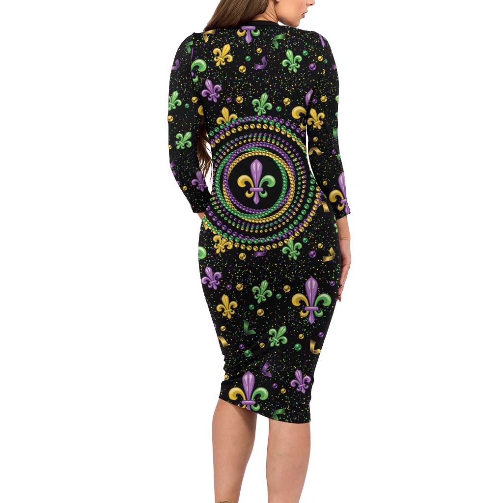 Mardi Gras Fleur De Lis Family Matching Long Sleeve Bodycon Dress and Hawaiian Shirt With Round Carnival Beads LT9 - Wonder Print Shop