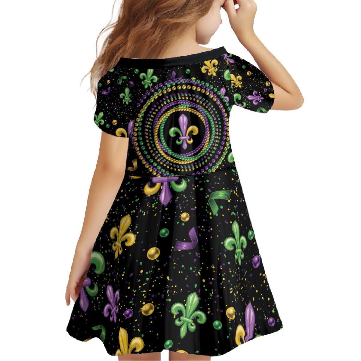 Mardi Gras Fleur De Lis Family Matching Off The Shoulder Long Sleeve Dress and Hawaiian Shirt With Round Carnival Beads