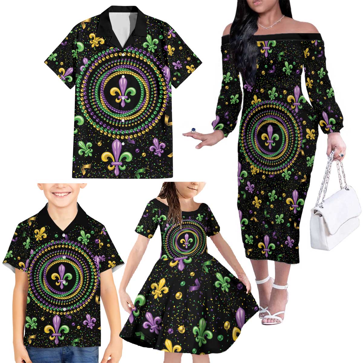 Mardi Gras Fleur De Lis Family Matching Off The Shoulder Long Sleeve Dress and Hawaiian Shirt With Round Carnival Beads