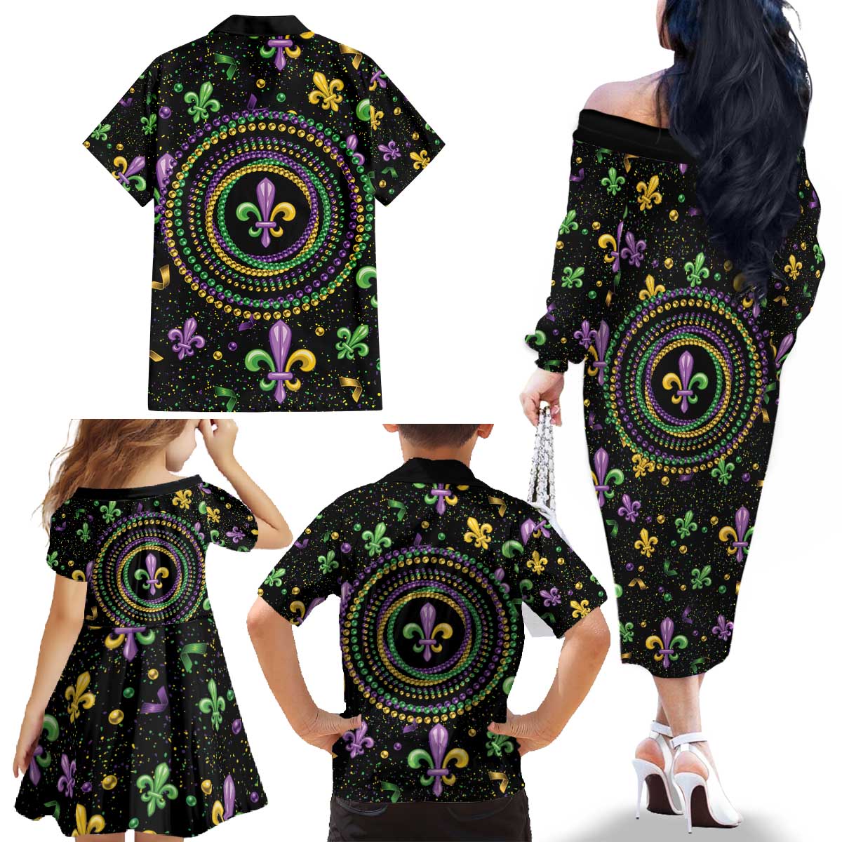Mardi Gras Fleur De Lis Family Matching Off The Shoulder Long Sleeve Dress and Hawaiian Shirt With Round Carnival Beads