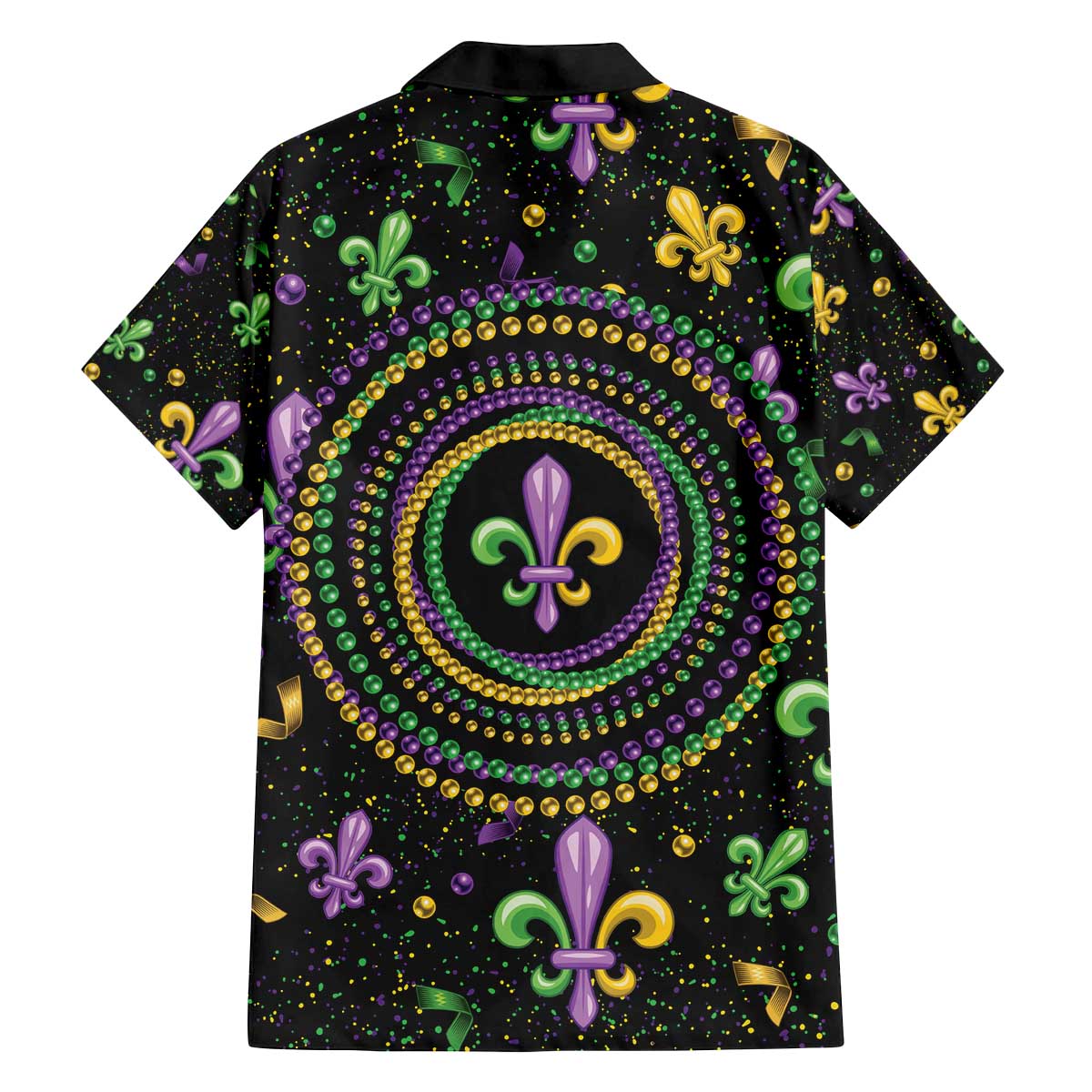Mardi Gras Fleur De Lis Family Matching Off The Shoulder Long Sleeve Dress and Hawaiian Shirt With Round Carnival Beads
