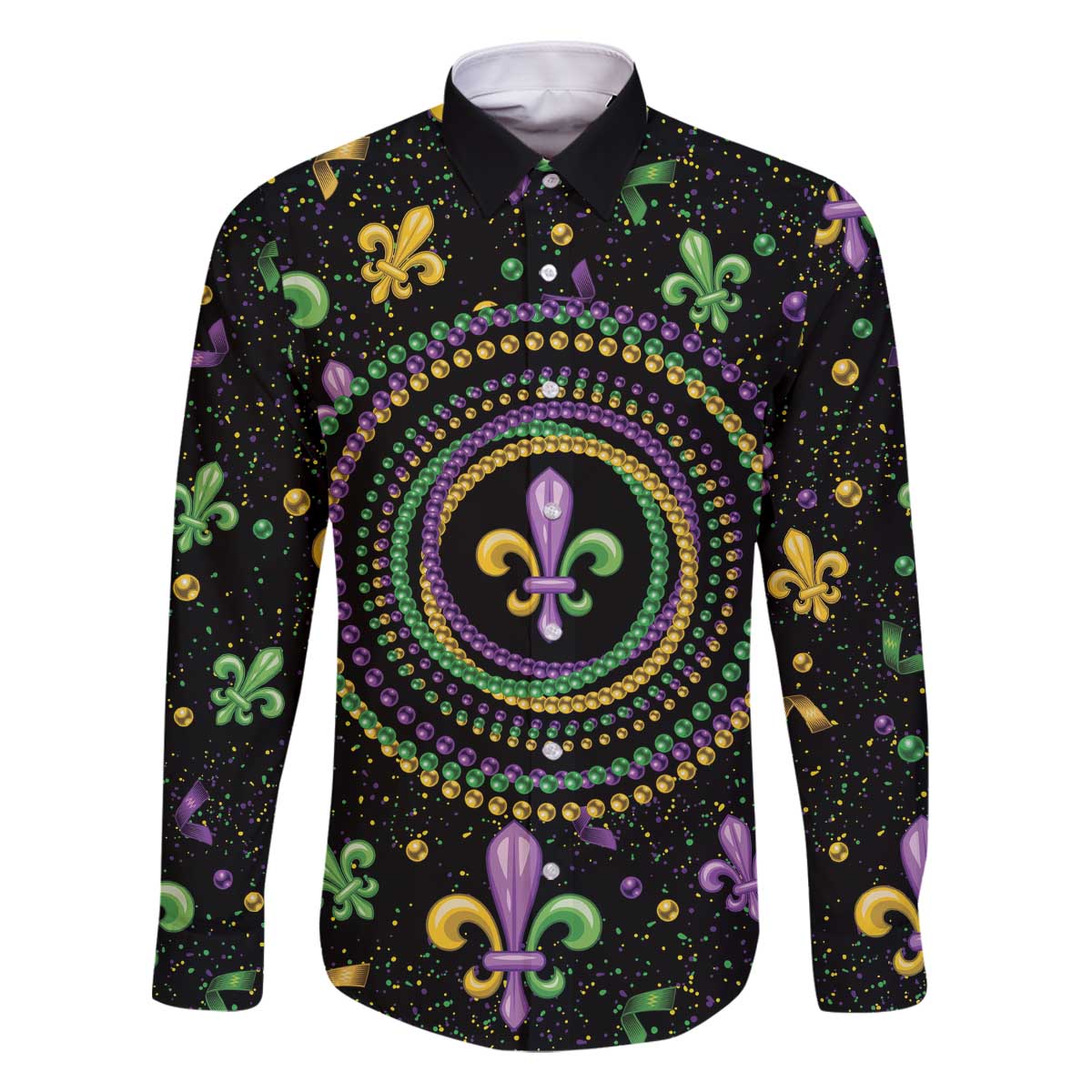 Mardi Gras Fleur De Lis Family Matching Off The Shoulder Long Sleeve Dress and Hawaiian Shirt With Round Carnival Beads