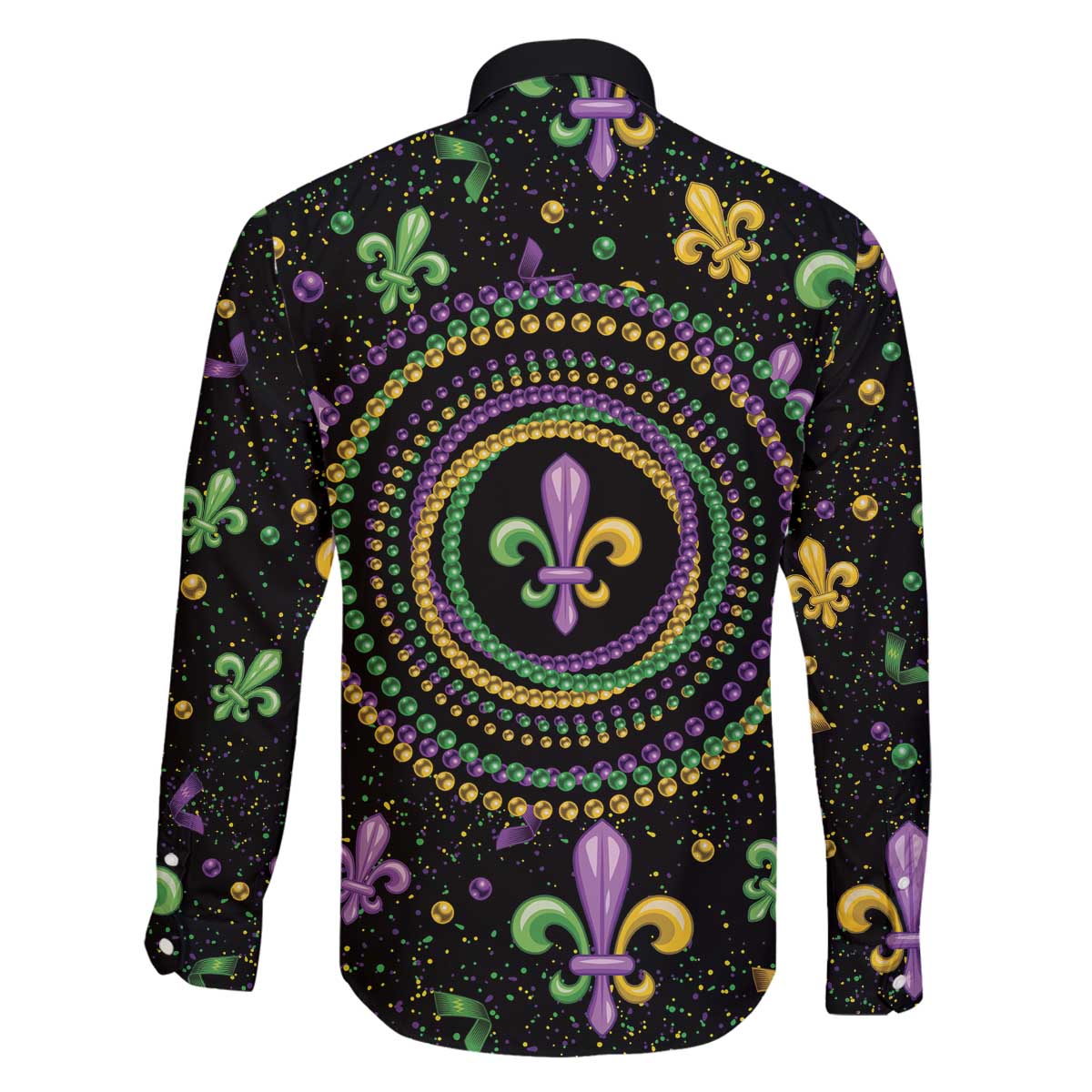 Mardi Gras Fleur De Lis Family Matching Off The Shoulder Long Sleeve Dress and Hawaiian Shirt With Round Carnival Beads