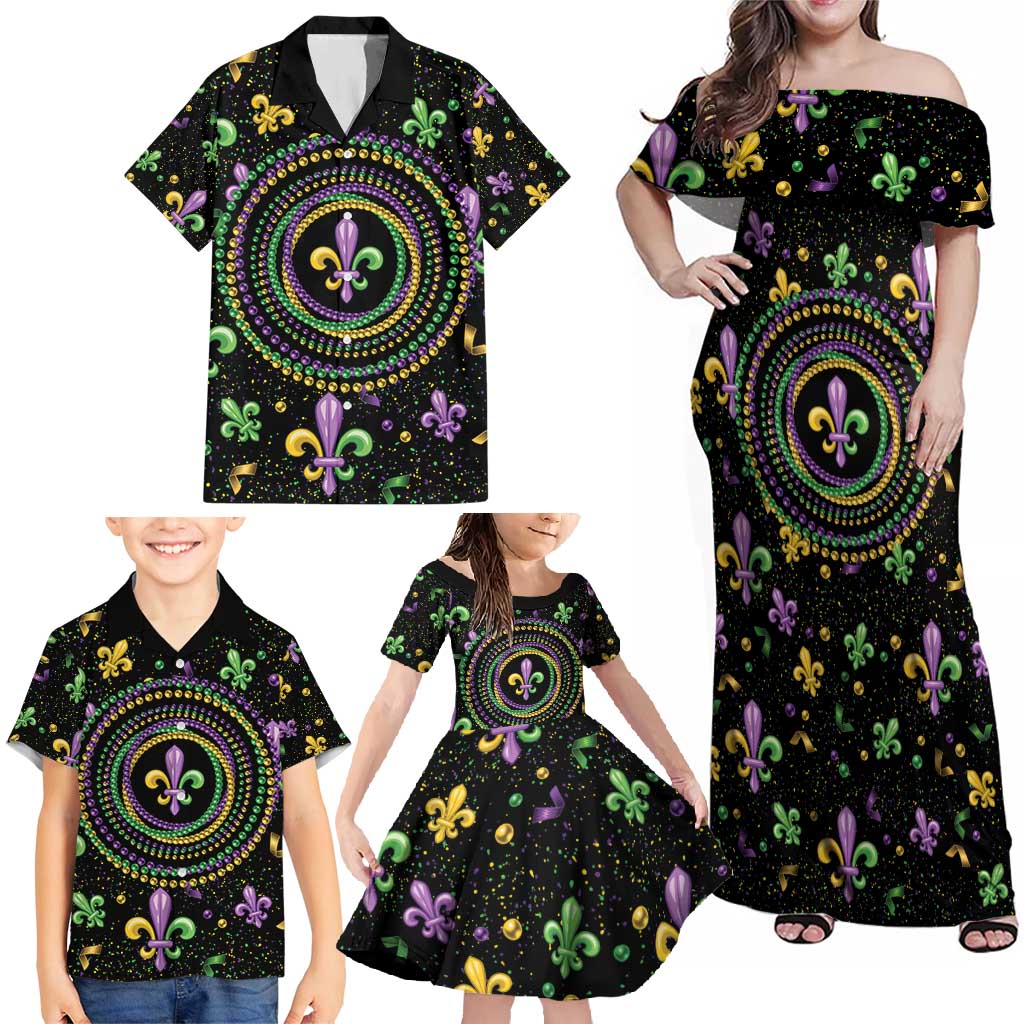 Mardi Gras Fleur De Lis Family Matching Off Shoulder Maxi Dress and Hawaiian Shirt With Round Carnival Beads LT9 - Wonder Print Shop