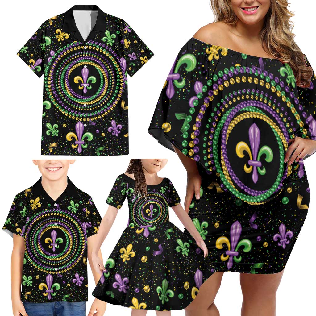 Mardi Gras Fleur De Lis Family Matching Off Shoulder Short Dress and Hawaiian Shirt With Round Carnival Beads LT9 - Wonder Print Shop