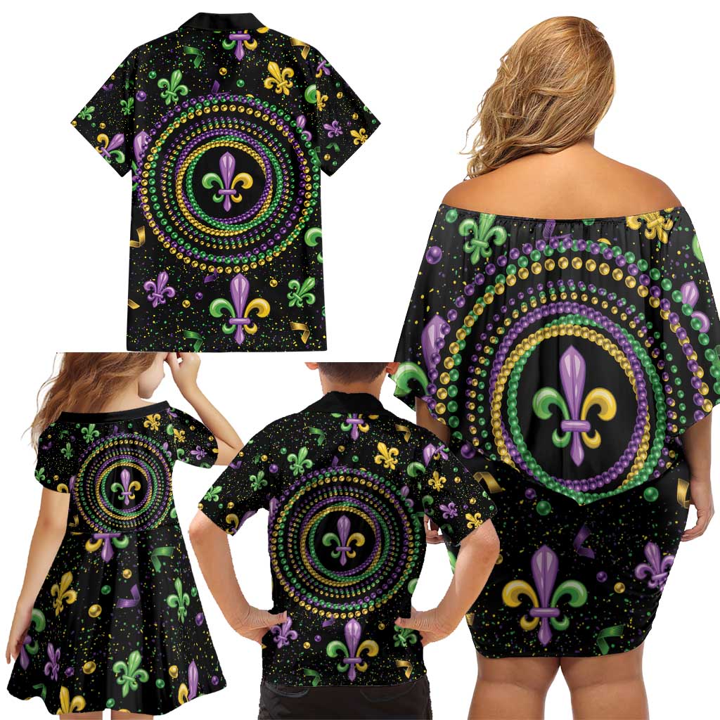 Mardi Gras Fleur De Lis Family Matching Off Shoulder Short Dress and Hawaiian Shirt With Round Carnival Beads LT9 - Wonder Print Shop
