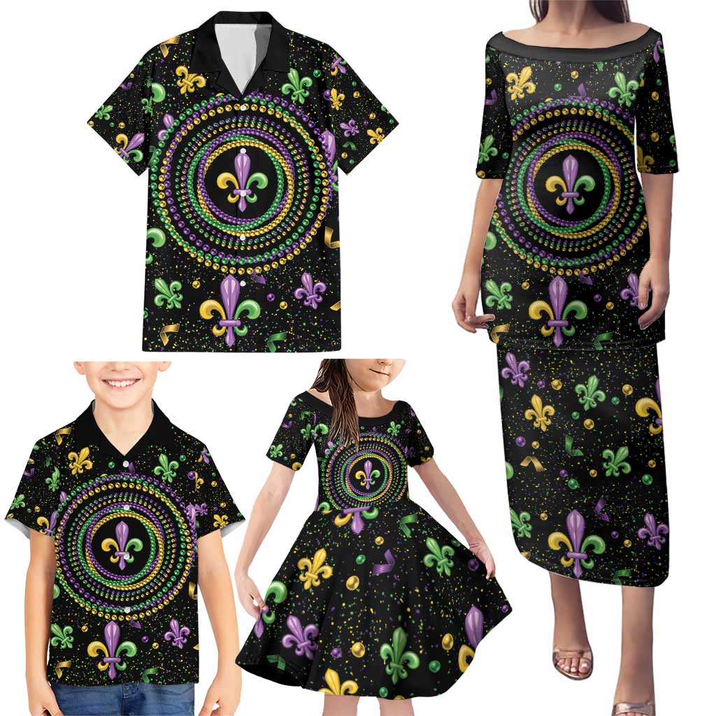 Mardi Gras Fleur De Lis Family Matching Puletasi and Hawaiian Shirt With Round Carnival Beads