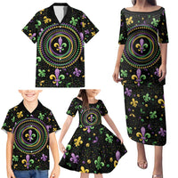Mardi Gras Fleur De Lis Family Matching Puletasi and Hawaiian Shirt With Round Carnival Beads