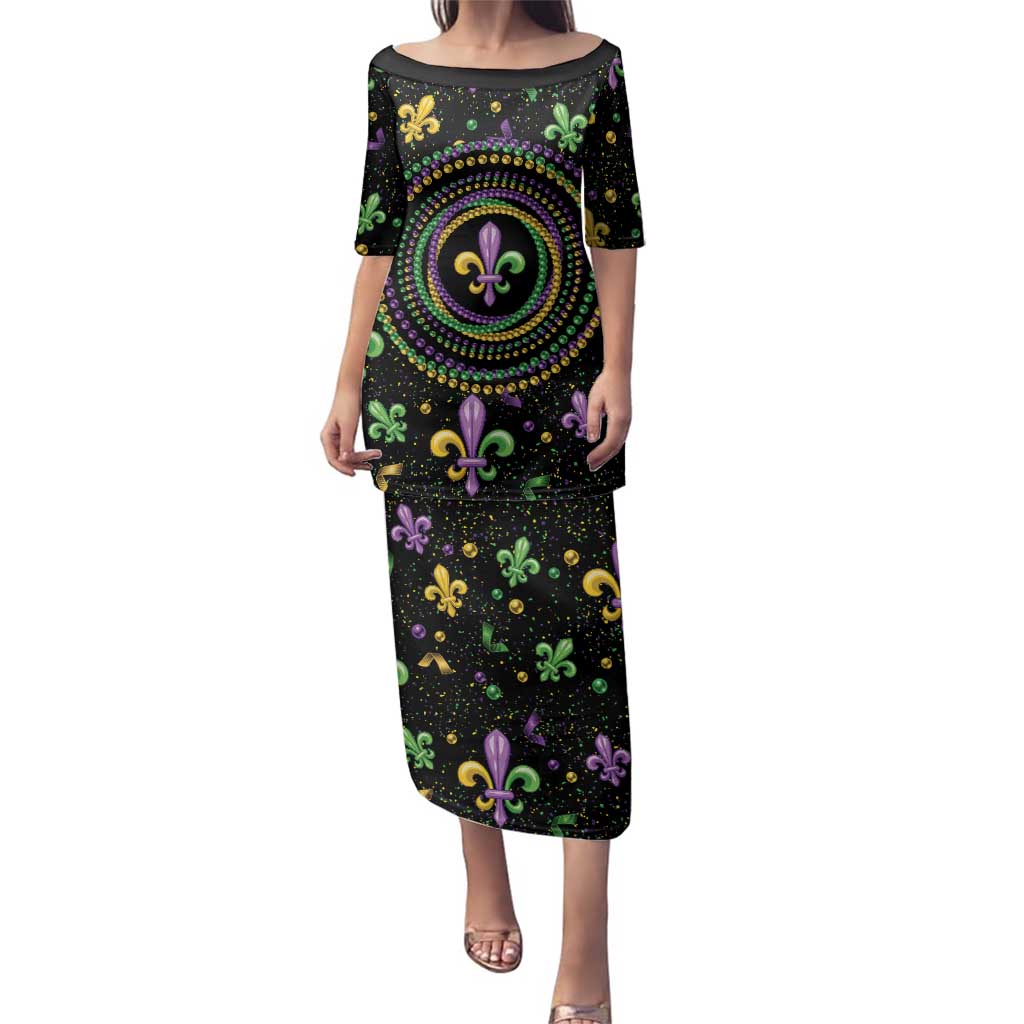 Mardi Gras Fleur De Lis Family Matching Puletasi and Hawaiian Shirt With Round Carnival Beads