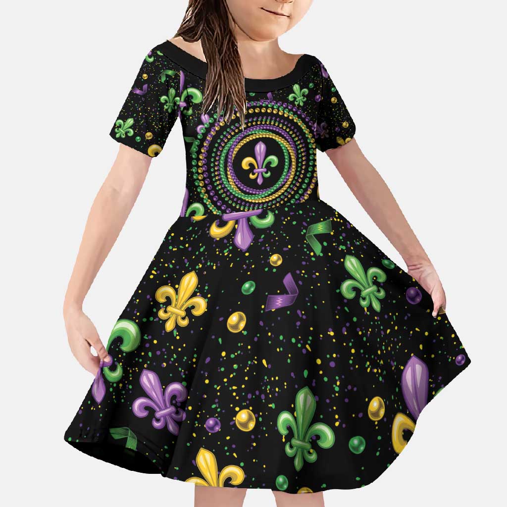 Mardi Gras Fleur De Lis Family Matching Short Sleeve Bodycon Dress and Hawaiian Shirt With Round Carnival Beads - Wonder Print Shop