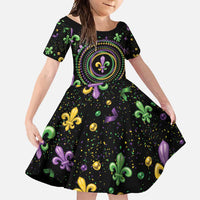 Mardi Gras Fleur De Lis Family Matching Short Sleeve Bodycon Dress and Hawaiian Shirt With Round Carnival Beads - Wonder Print Shop