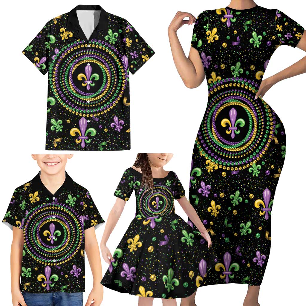 Mardi Gras Fleur De Lis Family Matching Short Sleeve Bodycon Dress and Hawaiian Shirt With Round Carnival Beads - Wonder Print Shop