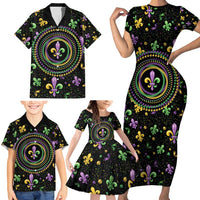 Mardi Gras Fleur De Lis Family Matching Short Sleeve Bodycon Dress and Hawaiian Shirt With Round Carnival Beads - Wonder Print Shop