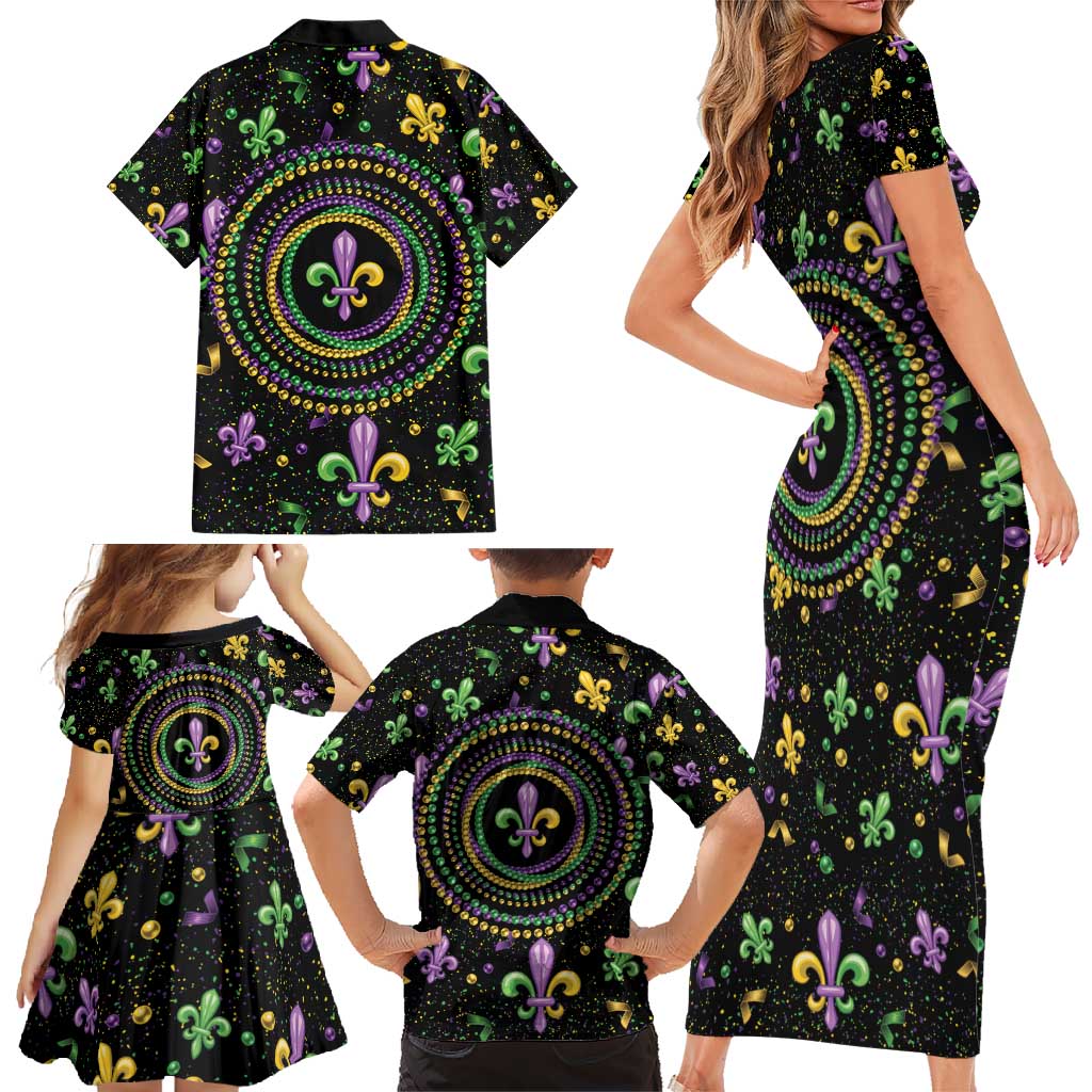 Mardi Gras Fleur De Lis Family Matching Short Sleeve Bodycon Dress and Hawaiian Shirt With Round Carnival Beads - Wonder Print Shop