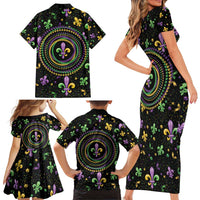 Mardi Gras Fleur De Lis Family Matching Short Sleeve Bodycon Dress and Hawaiian Shirt With Round Carnival Beads - Wonder Print Shop