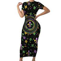 Mardi Gras Fleur De Lis Family Matching Short Sleeve Bodycon Dress and Hawaiian Shirt With Round Carnival Beads - Wonder Print Shop