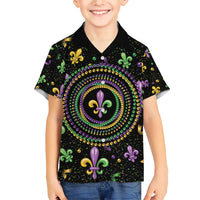 Mardi Gras Fleur De Lis Family Matching Short Sleeve Bodycon Dress and Hawaiian Shirt With Round Carnival Beads - Wonder Print Shop