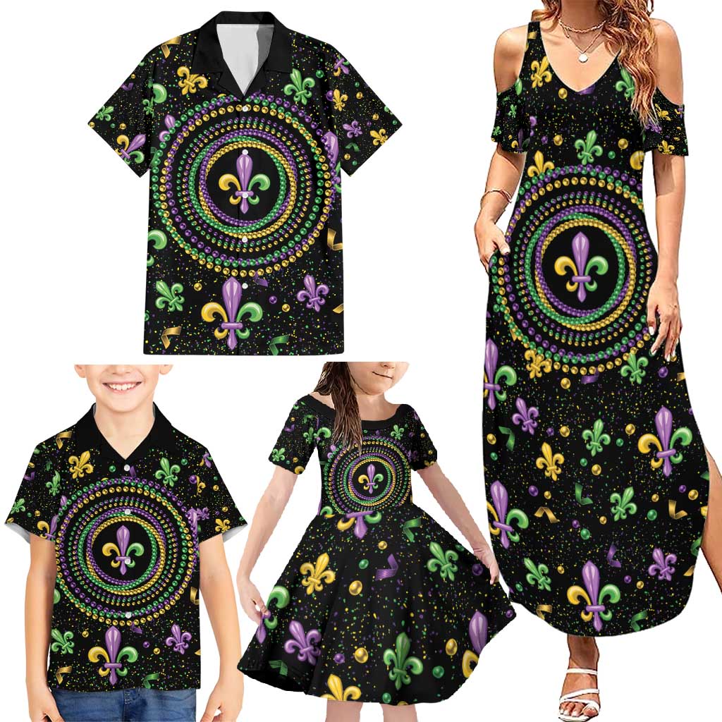 Mardi Gras Fleur De Lis Family Matching Summer Maxi Dress and Hawaiian Shirt With Round Carnival Beads - Wonder Print Shop